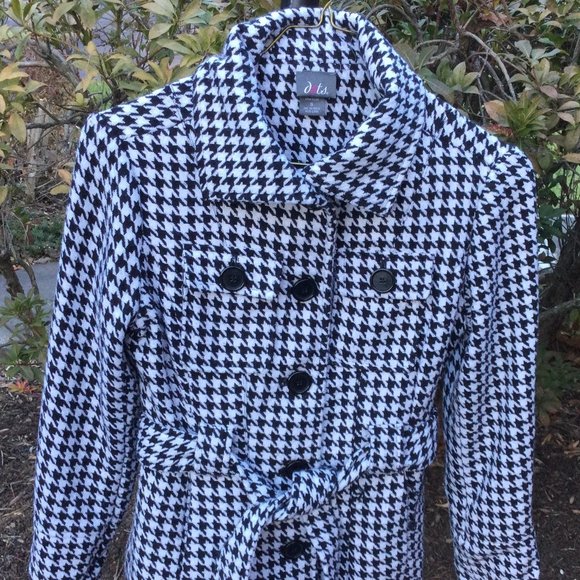 Dots B/W Houndstooth Pattern High Collar with Tie Belt Coat - Picture 2 of 3